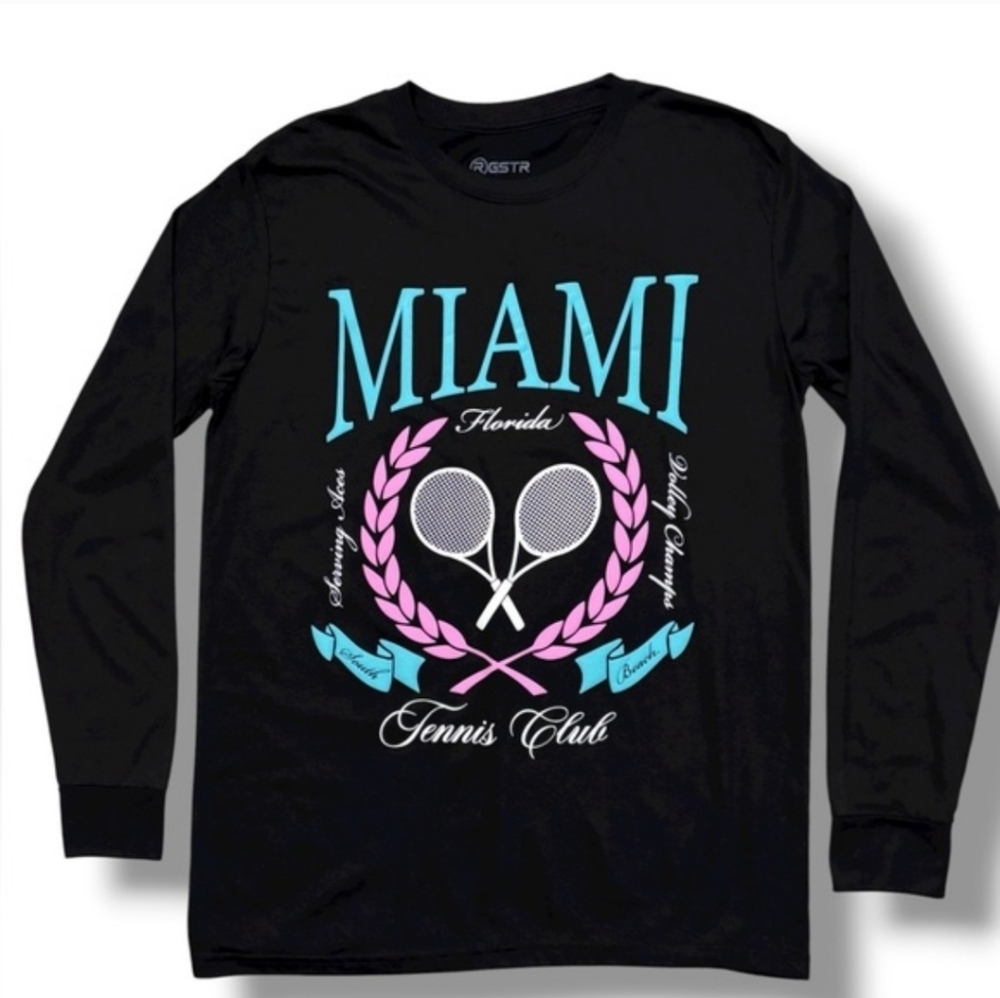 RGSTR Black Crew Neck Long Sleeve Shirt Miami Tennis Club Graphic Size Medium